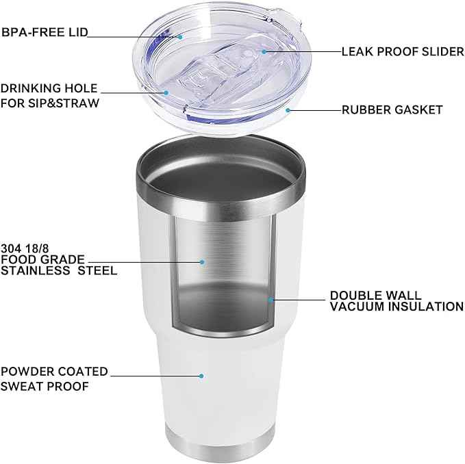 DOMICARE 30oz Tumbler Bulk with Lid and Straw, Double Wall Travel Coffee Mug, Insulated Vacuum Stainless Steel Tumblers, Powder Coated Tumbler Cup (White, 8)