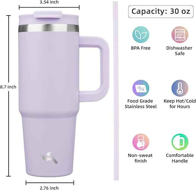 Konokyo 30 oz Tumbler with Handle and 2 Straws,2 in 1 Lid Insulated Water Bottle Stainless Steel Travel Coffee Mug,Wisteria