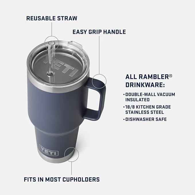 YETI Rambler 35 oz Tumbler with Handle and Straw Lid, Travel Mug Water Tumbler, Vacuum Insulated Cup with Handle, Stainless Steel, Moon Dust - Textured