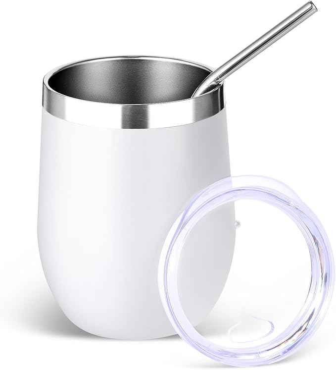 Volhoply 12oz Stainless Steel Wine Tumbler with Lid and Straw,Double Wall Vacuum Insulated Stemless Wine Glasses,Reusable Travel Coffee Mug for Cold Drinks,Small Tumblers Gifts for Women（White,1 Set）