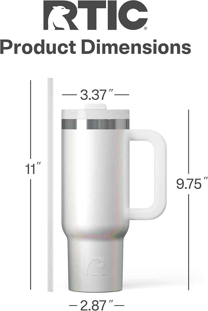 RTIC 30 oz Road Trip Tumbler Double-Walled Ceramic Lined InsulatedStainless Steel Portable Travel Coffee Mug Cup with Lid, Handle and Straw, White Glitter