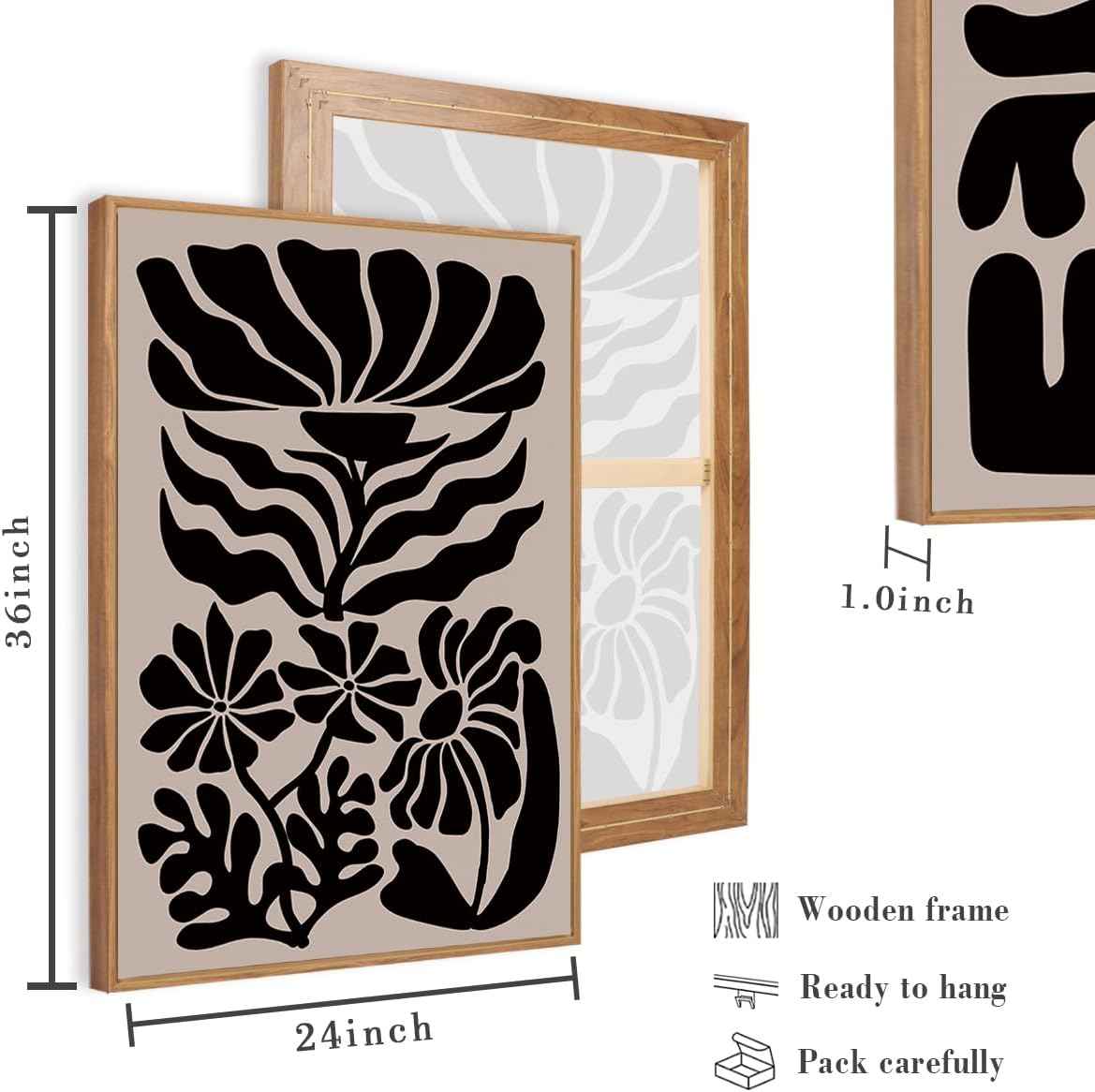 Large Black Boho Wall Art Framed Black Floral Design Artwork Abstract Wall Decor Vintage Wall Painting for Living Room Bedroom Bathroom 24x36 Inch Set of 3