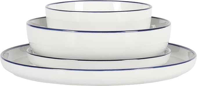 Gibson Home Oslo 16-Piece Porcelain Ceramic Chip & Scratch Resistant Dishes, Microwave & Dishwasher Safe, Plates and Bowls Dinnerware Set, White w/Blue Rim