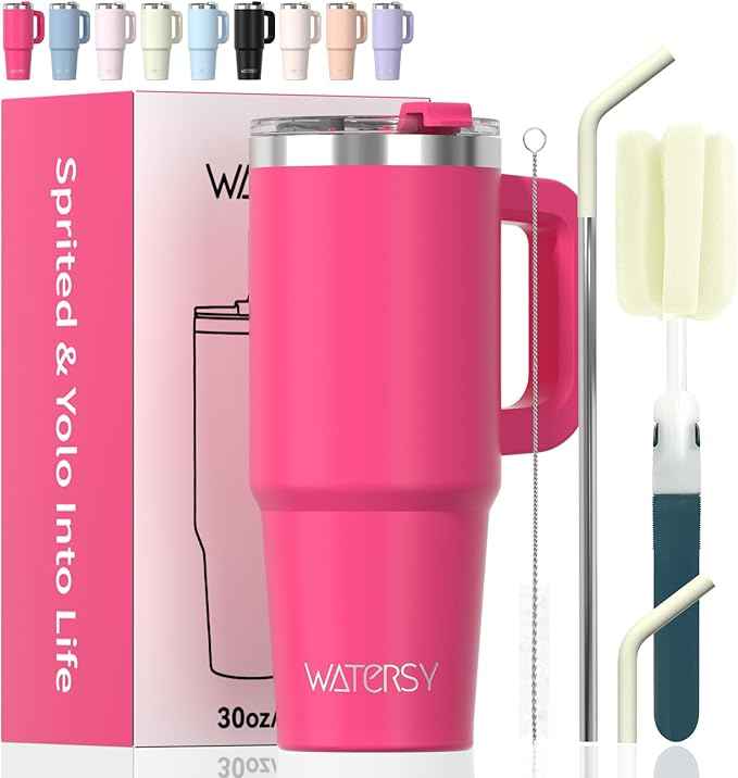 30 oz Tumbler with Handle,Tumbler with Lid and Straw,Double Wall Insulated Cup Stainless Steel Travel Mug(Cold for 34 Hours),Water Bottle for Iced Tea,Coffee,Cold Beverages(Gloss Pink)