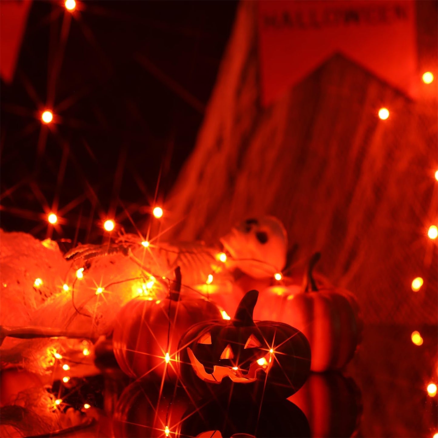 2 Set Halloween Fairy Lights Battery Operated, 16ft 50LED Outdoor String Lights with Remote, 8 Modes Twinkle Lights Black Wire Firefly Lights for Garden Bedroom Party Decor- Orange