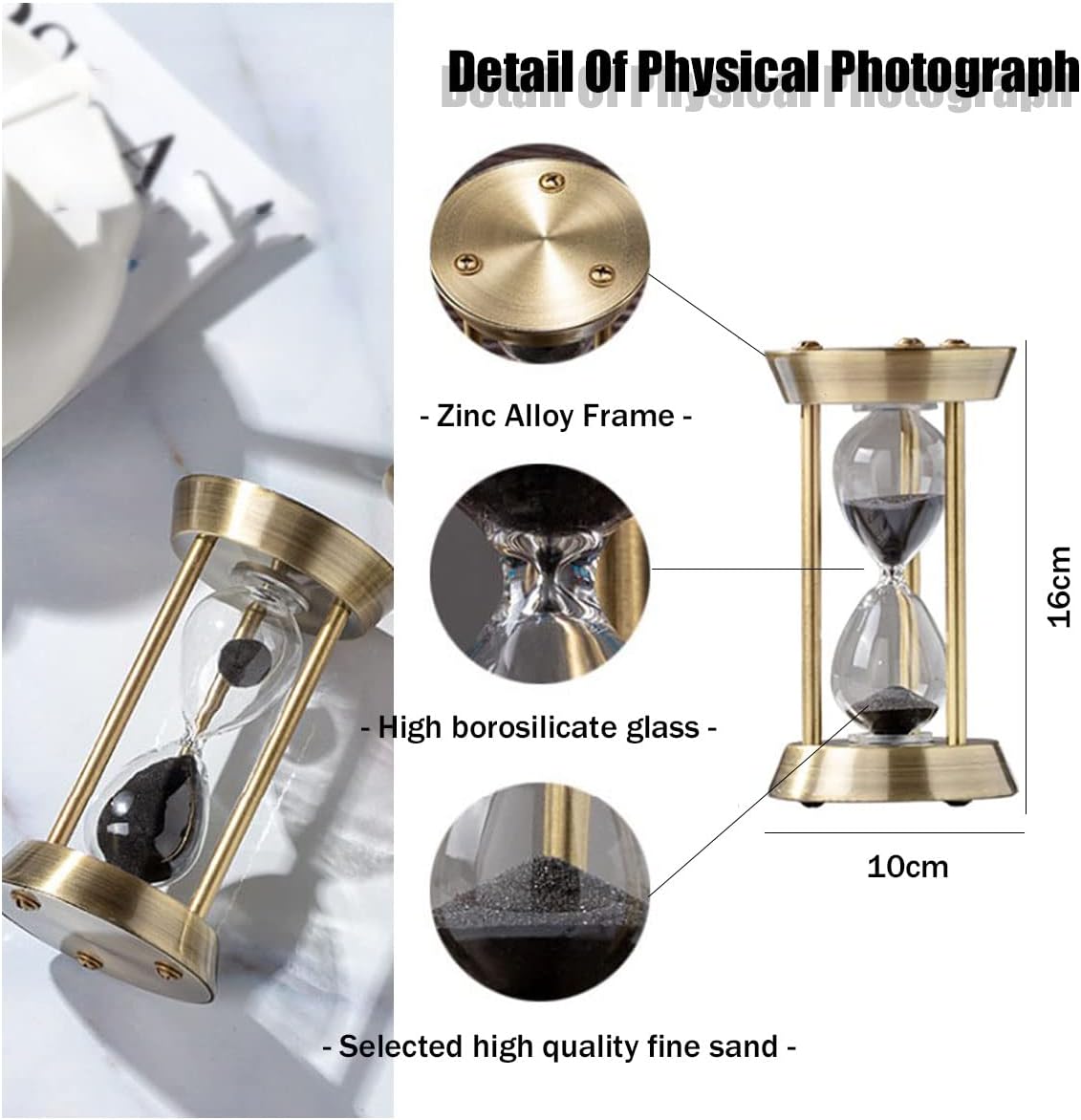 Sanduhr 15 Minuten,Hour Glass,360°-Drehung Metal Vintage Hourglass,Hourglass Decor,for Home Decoration Office Desk Wedding Party Decor Kitchen Timer (Black Sand)