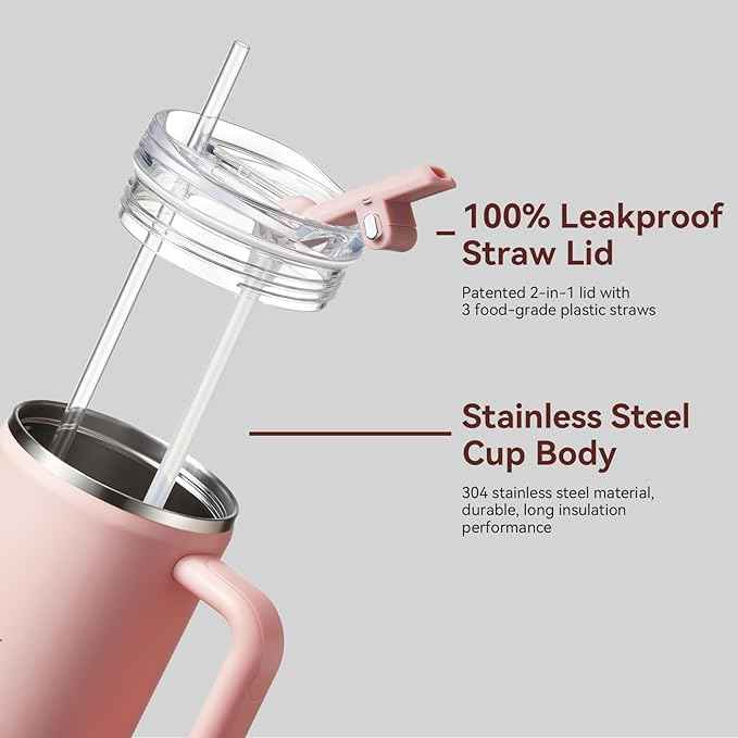 Gpeng 30/40/50 oz Tumbler with Handle, Water Bottles with Straw Lid, Insulated Stainless Steel Travel Mug Cup Holder Friendly, Keep Drinks Cold or Hot for Hours