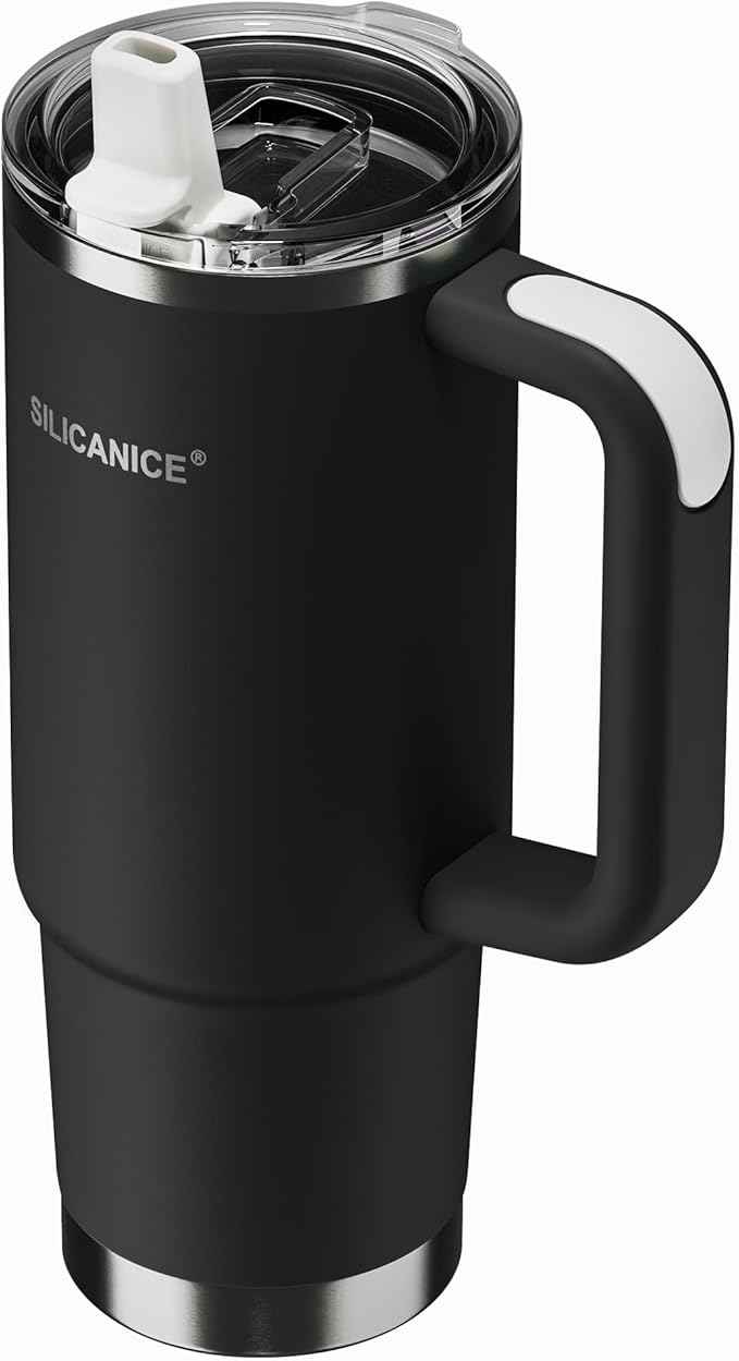 30oz Hygienic Insulated Tumbler with Handle — 100% Leakproof Lid with Removable Spout & Straw, Reinforced Vacuum-Protection Base, Cup Holder Friendly, for Travel/Gym/Office- Black