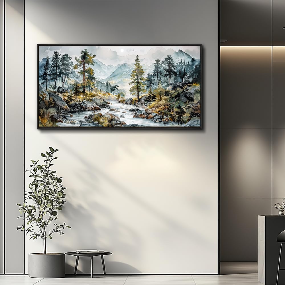 PHAOHUAXM Large Canvas Printing Artworks Wall Art For Bedroom Wall Decor For Living Room Office Home Decor Rivulet View Painting Forest Tree Landscape Watercolour Pictures Black Framed 30x60 In