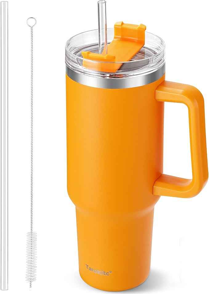 TaroKitc 40 oz Tumbler with Handle | Stainless Steel Insulated Travel Mug with Lids and Straw | Iced Coffee Cup | Keeps Drinks Cold for 34 Hours | Dishwasher Safe, BPA Free | Orange