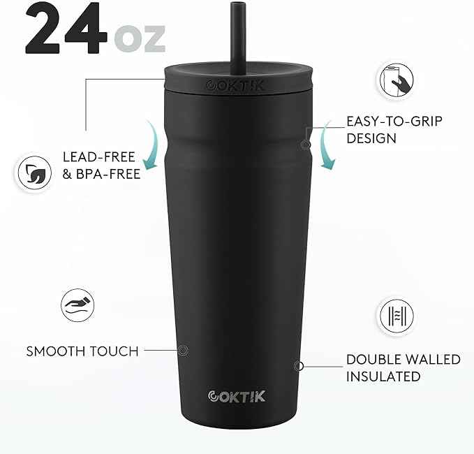 COKTIK 24oz Insulated Tumbler with Lid and Straw Iced Coffee Cup Reusable Stainless Steel Travel Mug Water Bottle Cupholder Friendly for Women Men Her Him (Black)