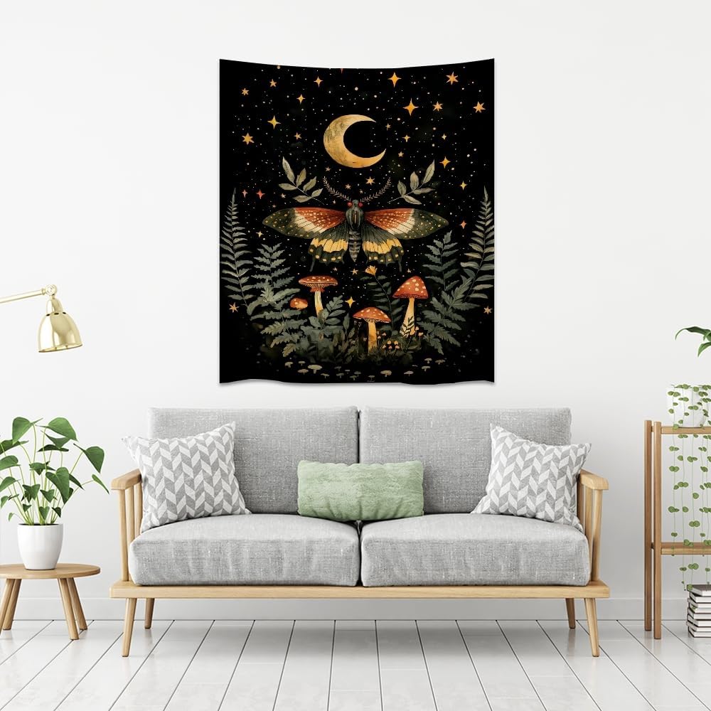 Mystical Moth Mushroom Tapestry Dark Academia Aesthetic Wall Hanging Decor Moon Star Witchy Print Butterfly Enchanted Forest Tapestries for Home Bedroom Living Room Office Decor 40x60inch