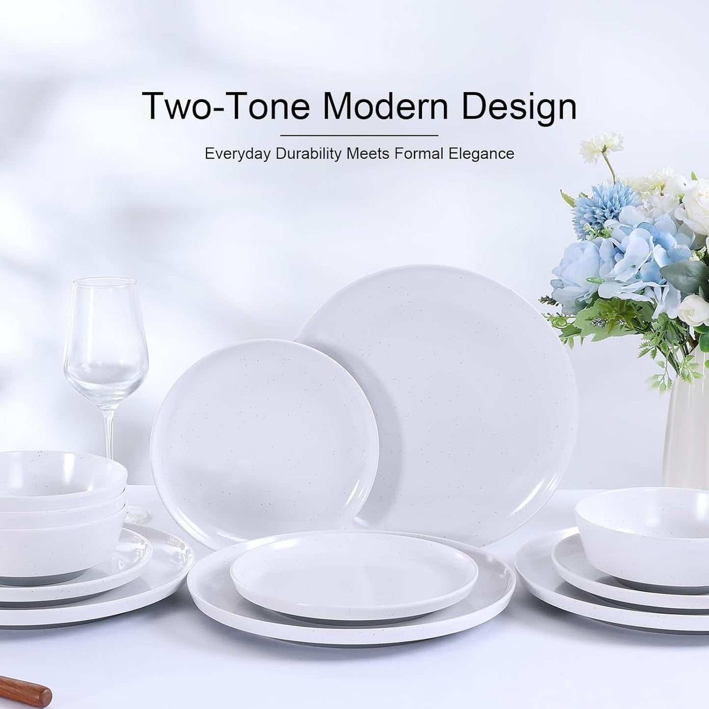 Webbylee 12-Piece Melamine Dinnerware Set for 4 – Unbreakable Plates & Bowls, Lightweight, Two-Tone White & Grey, Ideal for Family Meals, Camping, Picnic, Parties