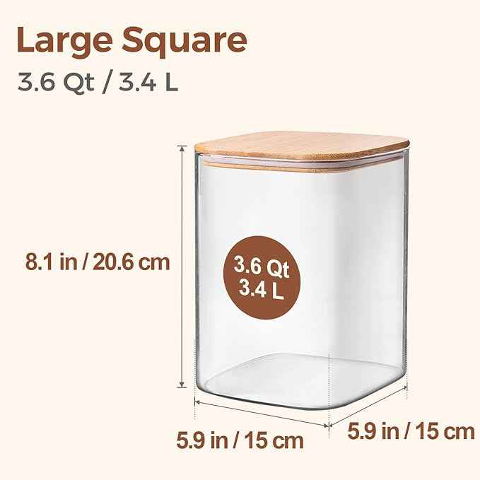 ComSaf 3.6Qt Glass Food Storage Containers, Cereal Storage Containers with Airtight Lids, Large Square Glass Jars with Bamboo Lids, for Rice, Pasta, Oats, Grains, Coffee Beans