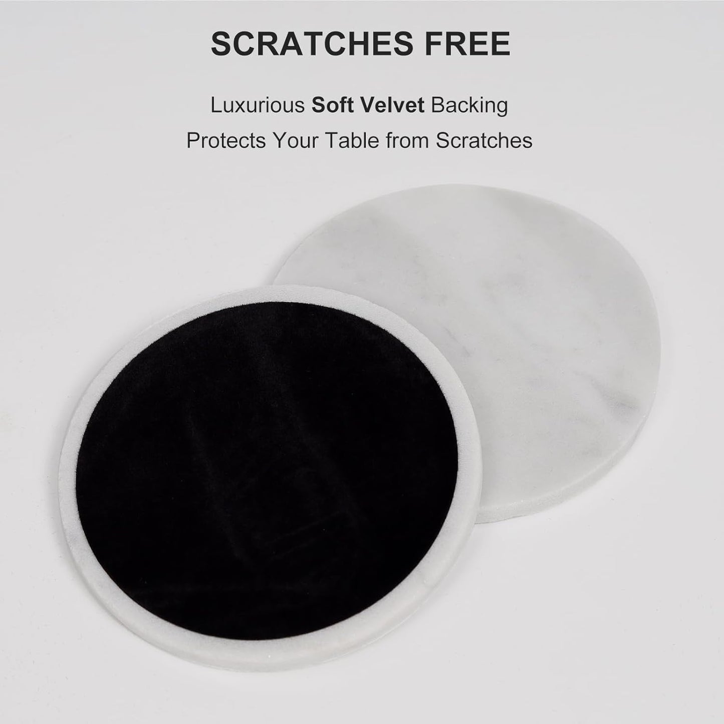 Carrara White Marble Coasters Set of 6 with Holder, Elegant Modern Round White Marble Drink Coasters for Coffee Table Decor, Semi Absorbent Stone Coaster for Drinks, Velvet Backed