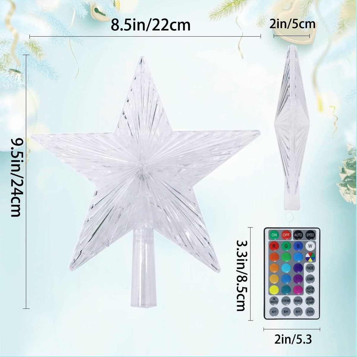 Christmas Tree Topper, FISHOPE LED 24 Modes Color Changing 9.5" Christmas Tree Toppers Star Lighted, Remote Controller Multicolor Christmas Decorations USB Powered for Xmas Holiday Party Gift Décor