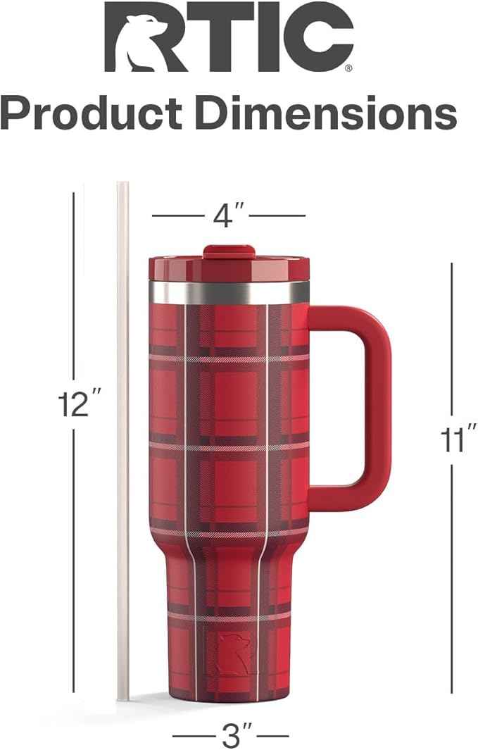 RTIC 40 oz Road Trip Tumbler Double-Walled Cermaic Lined Insulated Stainless Steel Portable Travel Coffee Mug Cup with Lid, Handle and Straw, Red Plaid