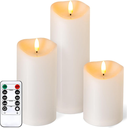 Outdoor Flameless Candles with Remote Timer - Waterproof Realistic Flickering LED Pillar Electric Battery Operated Fake Candle for Holiday Home Wedding Fireplace Decor - Ivory White 3 Pack (4”6”8”)