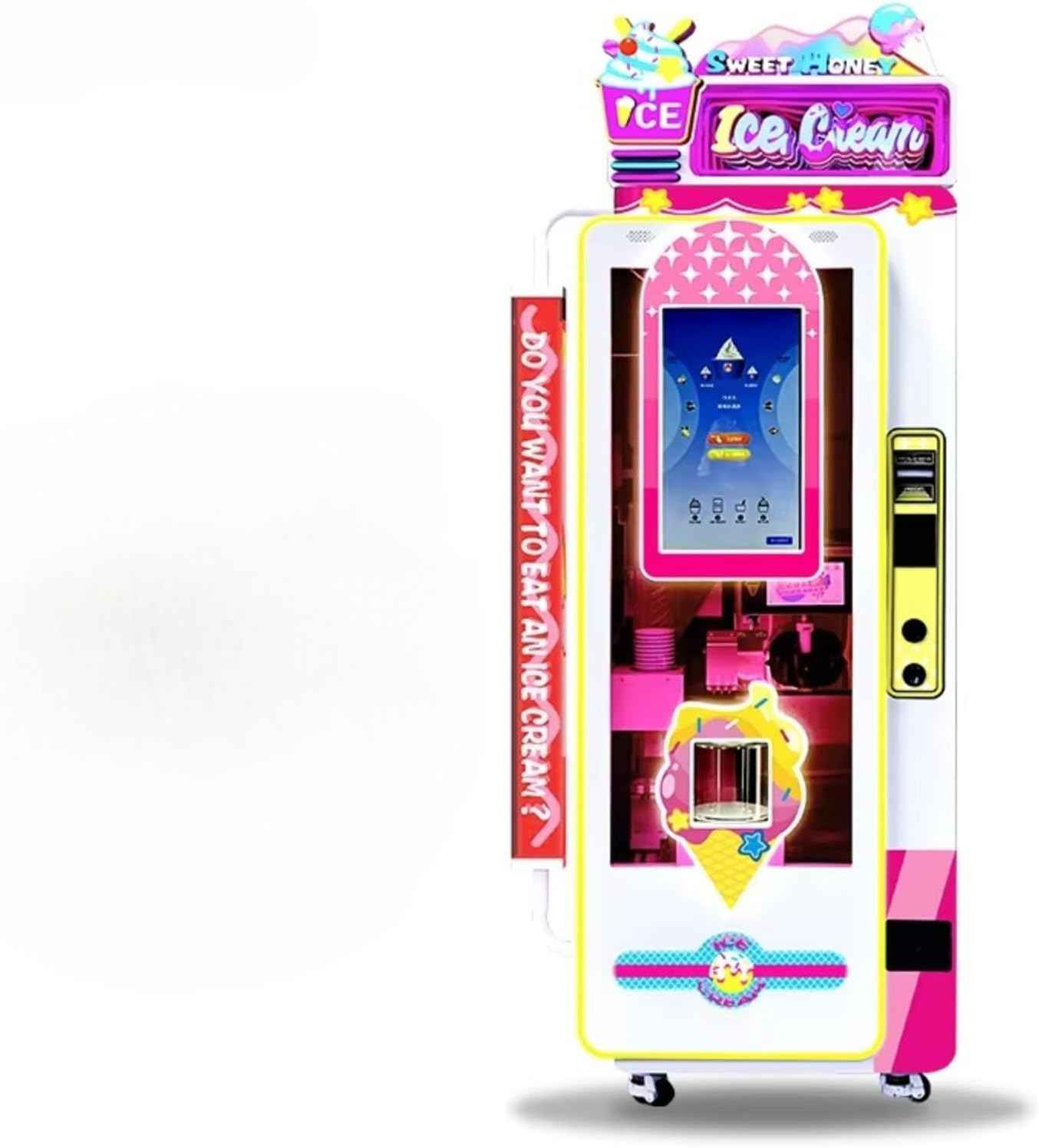 Ice cream vending machine, intelligent touch screen soft ice cream machine, supports coin, cash card and mobile payment, suitable for shopping malls, campuses, cinemas and other places.