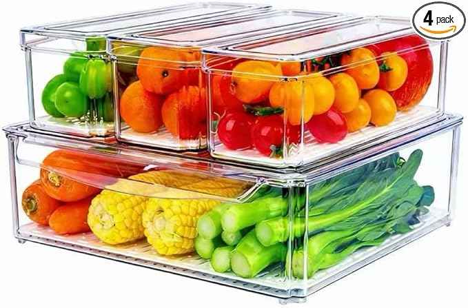 ZIJUND 4 Pack Fridge Organizer, Stackable Refrigerator Organizer Bins with Lids, BPA-Free Fridge Organizers and Storage Containers for Fruit, Vegetable, Food, Drinks, Cereals, Clear