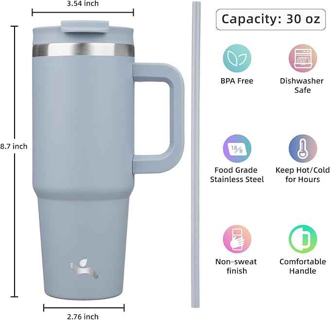 Konokyo 30 oz Tumbler with Handle and 2 Straws,2 in 1 Lid Insulated Water Bottle Stainless Steel Travel Coffee Mug,Lavender