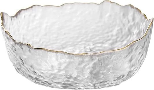 Glass Salad Bowl Irregular Lotus Flower Shape Serving Bowls, Mixing Nut Bowls for Kitchen Fruist, Snack, Dessert, and Ice Cream Candy Dishes (Crystal Clear with Gold Rim, 6.5")