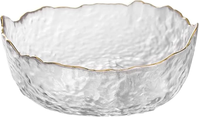 Glass Salad Bowl Irregular Lotus Flower Shape Serving Bowls, Mixing Nut Bowls for Kitchen Fruist, Snack, Dessert, and Ice Cream Candy Dishes (Crystal Clear with Gold Rim, 7.6")