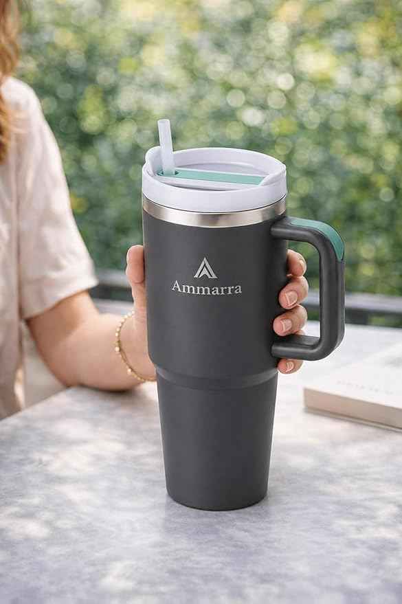 40oz Stainless Steel Vacuum Insulated Tumbler with Handle and Straw, Large Capacity Insulated Cup (Gray)