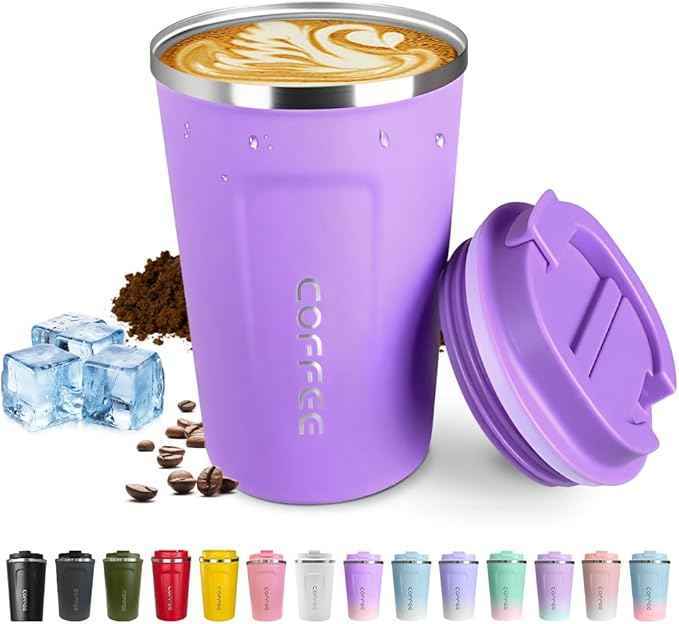 SPLMIFA Travel coffee mugs leak-proof, reusable coffee cup with lid, stainless steel vacuum insulated coffee tumblers, thermal insulation cups for men & women keep drinks hot & cold (2nd-Purple, 12OZ)