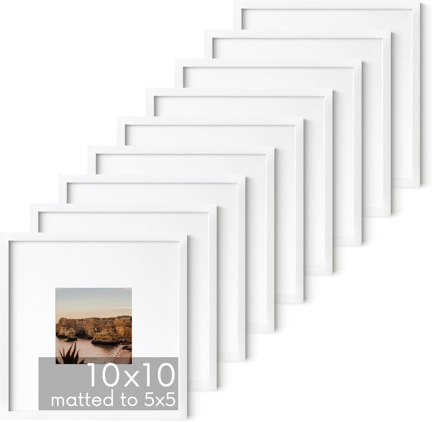 HAUS AND HUES 10x10 White Metal Picture Frames Matted to 5x5 - Features Premium Aluminum & Hanging Hardware, Shatterproof Plexiglass - Ideal for Home, Room, Office (10x10 in, White, Set of 9)