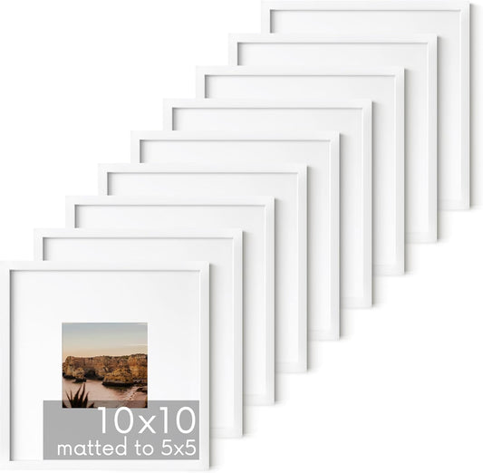 HAUS AND HUES 10x10 White Metal Picture Frames Matted to 5x5 - Features Premium Aluminum & Hanging Hardware, Shatterproof Plexiglass - Ideal for Home, Room, Office (10x10 in, White, Set of 9)