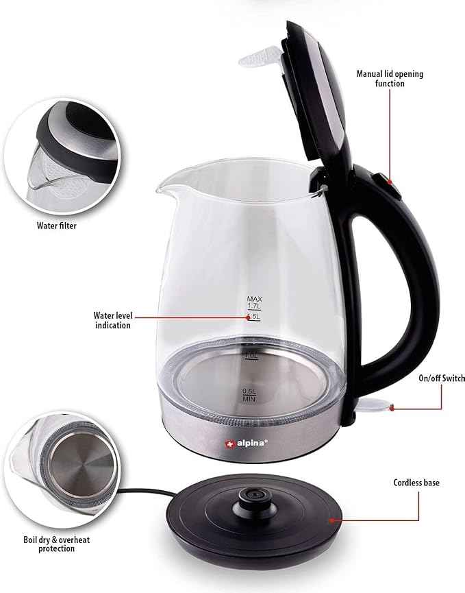 alpina Kettle - Electric - LED - Glass - Stainless steel - Wireless - 1.7 liters