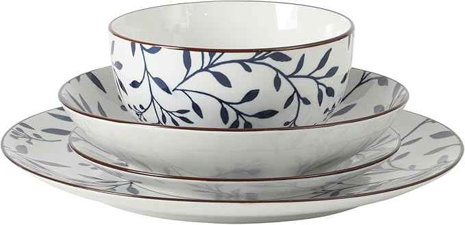 Gibson Home Palace Suite 16-Piece Dinnerware Set, Blue Floral Stoneware Plates & Bowls, Service for 4, Round Durable Everyday Dish Set