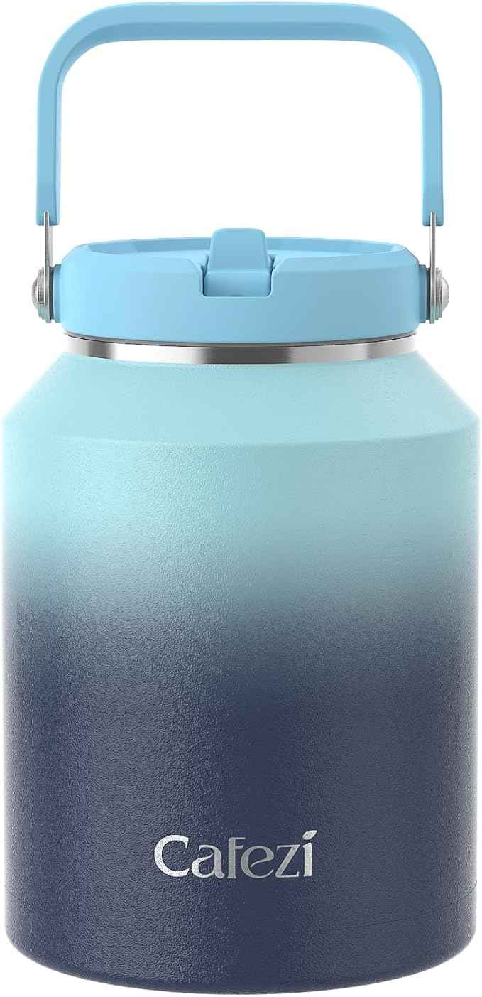 Half Gallon Insulated Water Bottle with Flip Straw, Vacuum Insulated Stainless Steel Jug with Top Handle, Leak-Proof Lid, Sweat-Free, Wide Mouth, Keeps Ice Cold up to 34 Hours