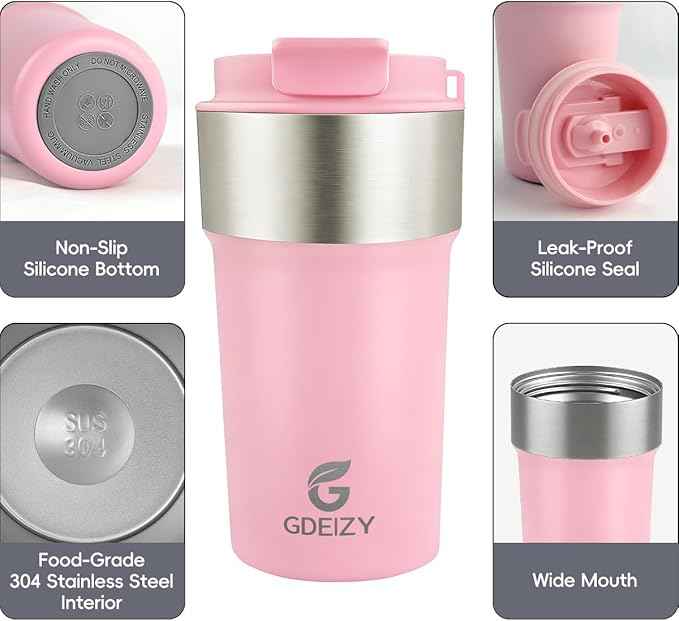 Insulated Coffee Mug, 17oz Stainless Steel Travel Mug with Flip-Top Straw Lid, Leak Proof Vacuum Insulated Tumbler, Reusable Coffee Cup for Hot & Cold Drinks, Pink