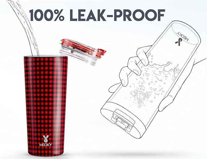 Meoky 24 oz Travel Coffee Mug with Leak-proof Lid, Stainless Steel Insulated Coffee Tumbler, Keeps Hot for 8 Hours or Cold for 24 Hours, Fits in Car Cup Holder (Crimson Plaid)