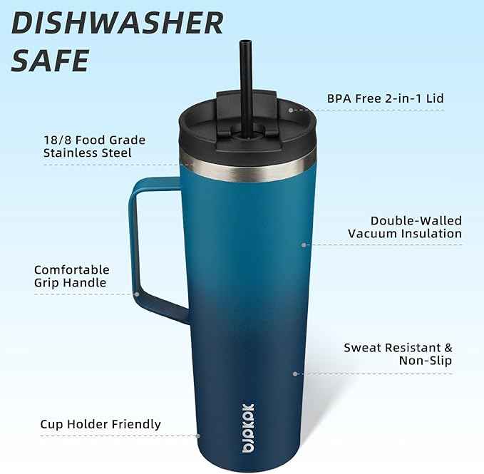 BJPKPK Insulated Tumbler with Handle, 30oz Insulated Tumblers with Lid and Straw, Stainless Steel Metal Water Bottles, Coffee Travel Mugs, Cups, Sea