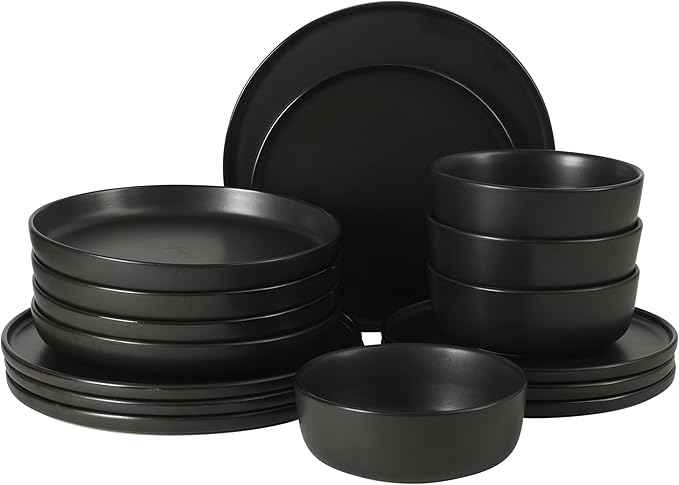Gibson Elite Bayou Moon Plates and Bowls Sets, 16-Piece Black Matte Stoneware Dinnerware Sets, Solid Color Reactive Glaze Dish Set
