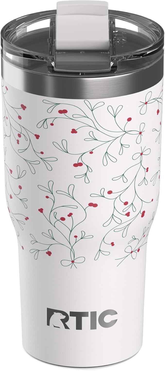 RTIC 30oz Essential Tumbler with Lid, Ceramic Lined, Insulated, Stainless Steel, Metal, Double Wall Vacuum-Insulation, Travel Cup for Iced Coffee, Tea, Hot and Cold Drink, Mistletoe