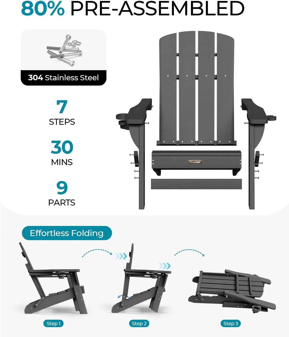 Folding Adirondack Chair, HDPE All-Weather Fire Pit Chairs, Plastic Adirondack Chairs with 2 Cup Holder, Outdoor Lawn Chair for Patio Garden (Grey)