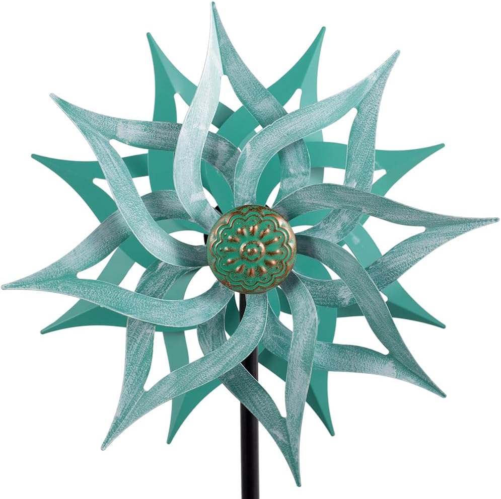 Viveta Metal Wind Spinners,53.5" Kinetic Wind Sculptures,Green Garden Pinwheels Double Layer Windmill for Outdoor Patio Lawn Yard
