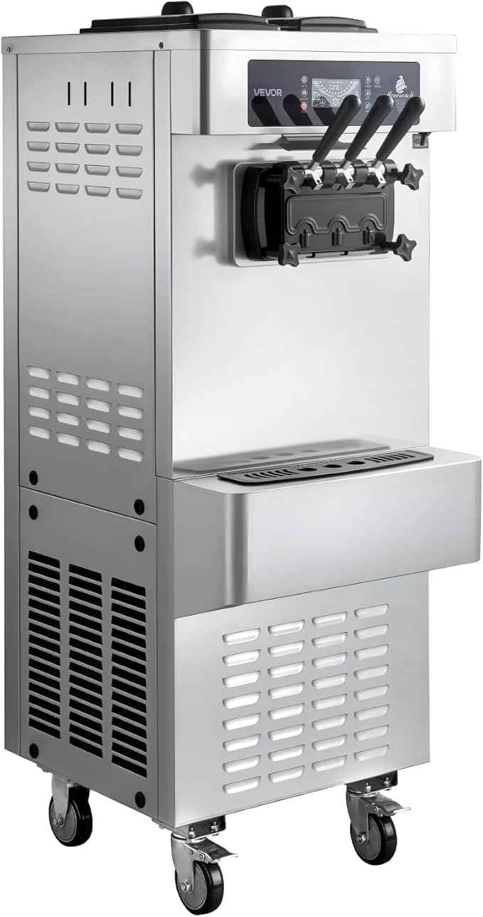 VEVOR Commercial Ice Cream Machine, 20-28L/H Yield 2200W Freestanding Soft Serve Ice Cream Maker with 3-Flavor, 2 x 6L Hoppers, Puffing Pump, Pre-Cooling Low-Mix Alert, Ideal for Snack Dessert Shop
