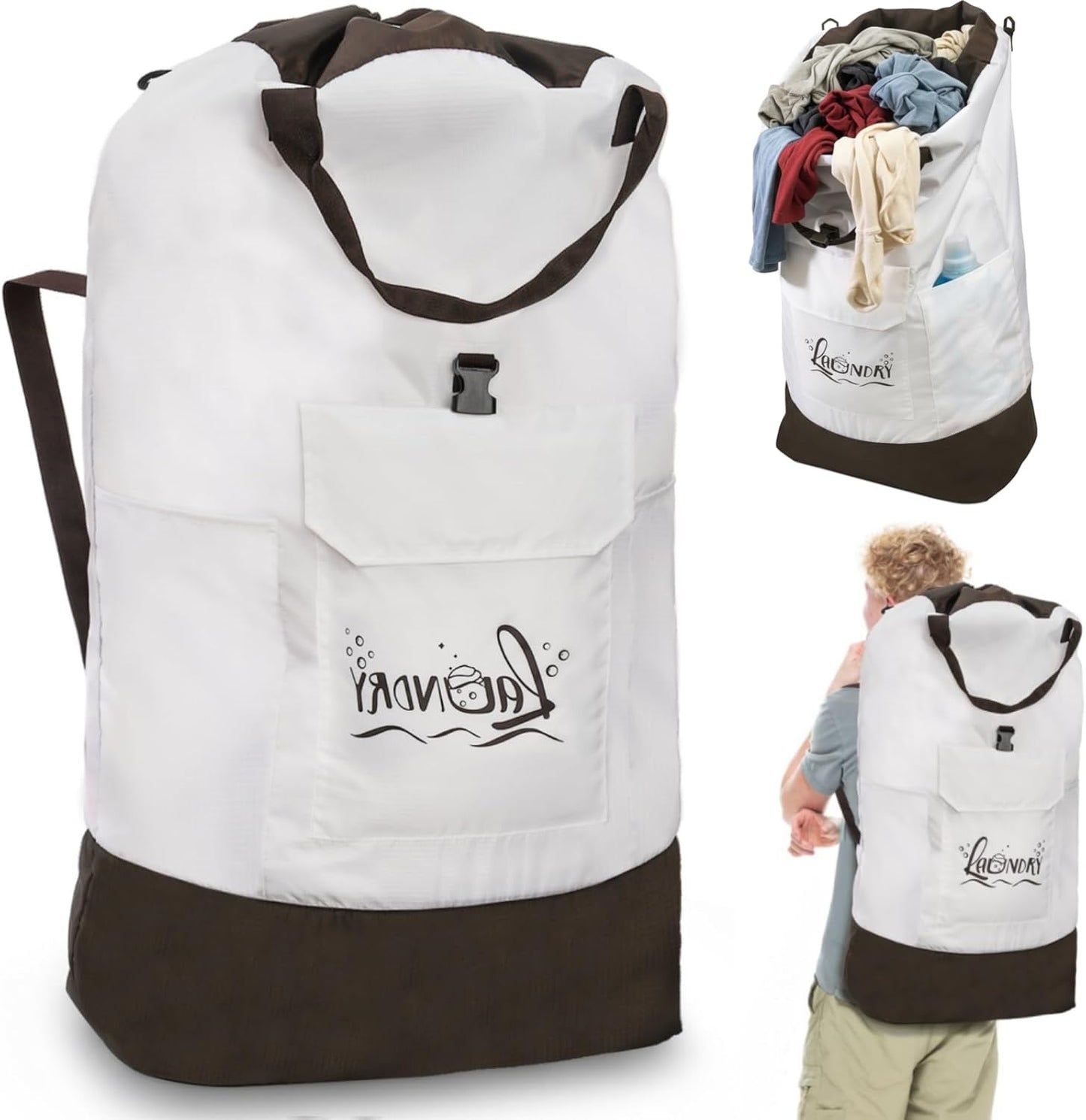 Backpack Laundry Bag, 125L Extra Large College Laundry Backpack with Shoulder Straps, Heavy Duty Dirty Clothes Hamper Bag, Drawstring Travel Laundry Bag for Dorm Apartment Laundromats, White