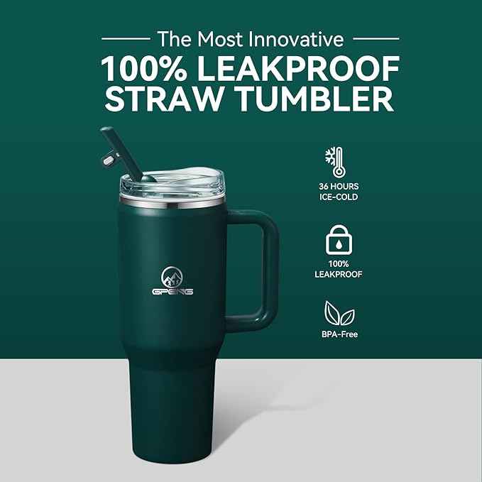Gpeng 30/40/50 oz Tumbler with Handle, Water Bottles with Straw Lid, Insulated Stainless Steel Travel Mug Cup Holder Friendly, Keep Drinks Cold or Hot for Hours (PeacockGreen, 30 oz)