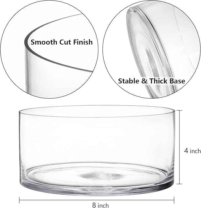 YOUEON Wide Glass Cylinder Vase, 4" Tall x 8" Wide Flower Glass Vase, Cylinder Terrarium Bowl, Decorative Centerpiece for Weddings Events, Pillar Candle, Flower Arrangement, Clear