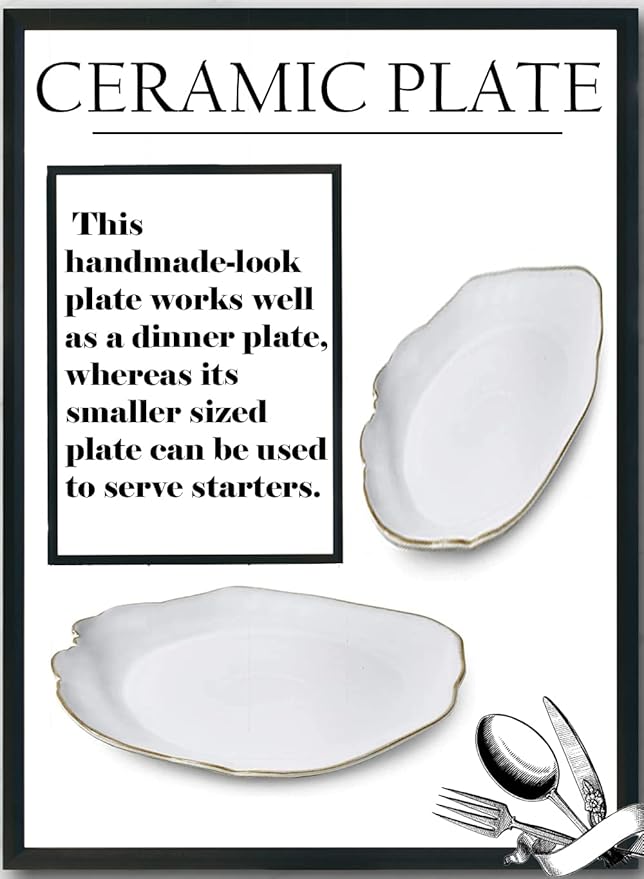 Serene Spaces Living Set of 2 Large Free-Form Edge Glazed Ceramic Plate- Dinnerware for Vintage Weddings, Events, Measures 12" Diameter and 1.5" Tall