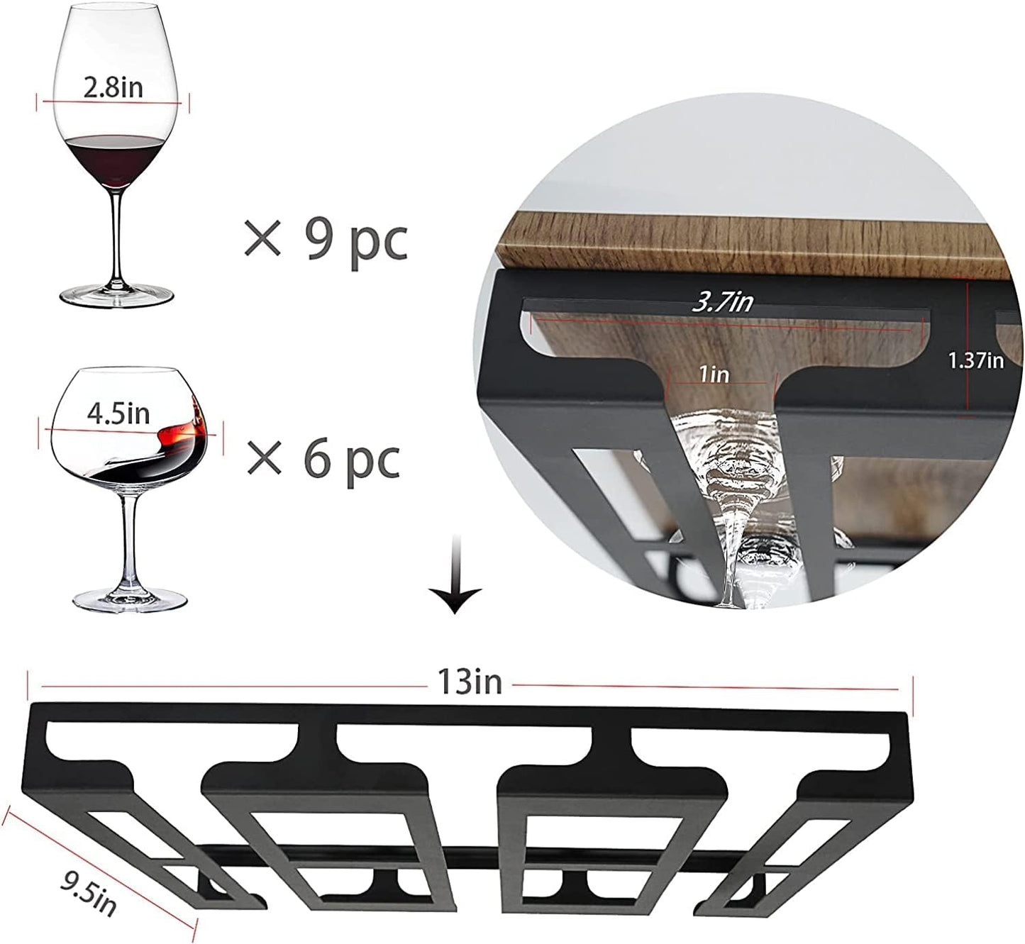 Wine Glass Holder - Hangers Under Shelf Cabinet Stemware Wine Glass Rack Glasses Storage Hanger Metal Hanging Organizer for Bar Kitchen 3 Rows 2 Packs Black