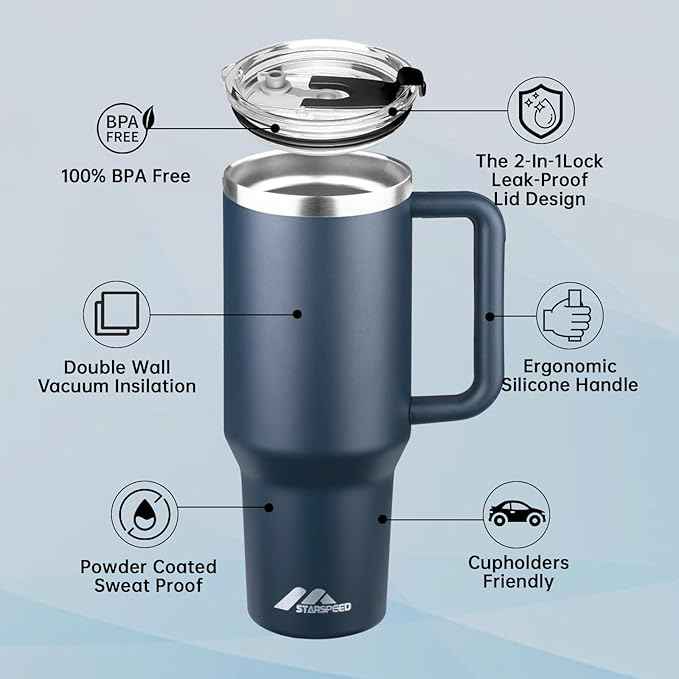 StarSpeed 40 oz Tumbler with Handle and Straw Lid | Stainless Steel Water Bottle Travel Mug Reusable Insulated Cup With Lid And Straw, Keep Cold Heat and Ice for Hours(40oz,Indigo)…