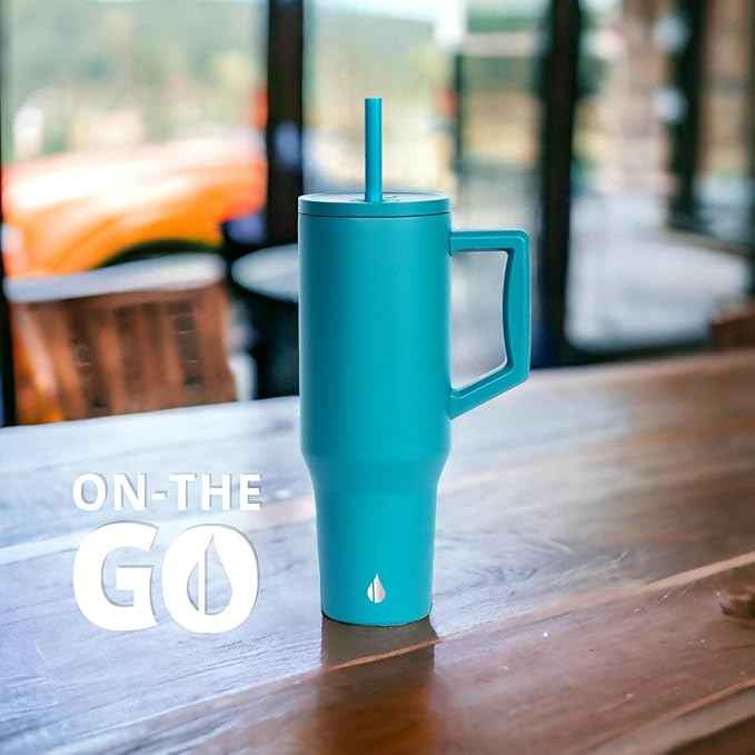 Elemental 40 oz Tumbler with Handle and Straw - Spill Proof Insulated Stainless Steel Commuter for Cold Beverages - Travel Coffee Mug with 2 Straws & Spill Proof Lid - 40oz - Teal