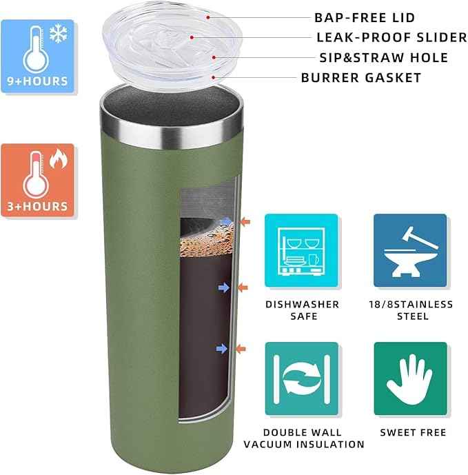 HASLE OUTFITTERS 20 oz Skinny Tumblers Bulk Set, Stainless Steel Insulated Slim Tumblers with Lids, Reusable Double Wall Travel Coffee Mugs, Durable Powder Coated Travel Water Cups(Army Green, 12)